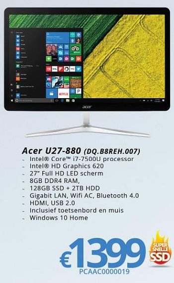 Promoties Acer all-in-one u27-880 (dq.b8reh.007) - Acer - Geldig van 01/03/2018 tot 31/03/2018 bij Compudeals