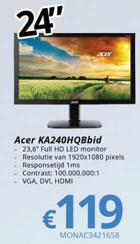 Promoties Acer monitor ka240hqb bid - Acer - Geldig van 01/03/2018 tot 31/03/2018 bij Compudeals