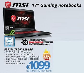 Promoties Msi 17`` Gaming notebooks - MSI - Geldig van 01/03/2018 tot 31/03/2018 bij Compudeals