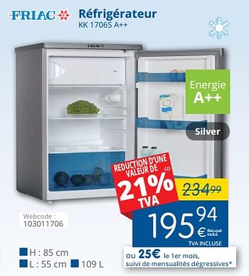 Promoties Friac réfrigérateur kk 1706s a++ - Friac - Geldig van 01/03/2018 tot 28/03/2018 bij Eldi