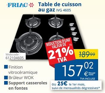 Promoties Friac table de cuisson au gaz ivg 4605 - Friac - Geldig van 01/03/2018 tot 28/03/2018 bij Eldi
