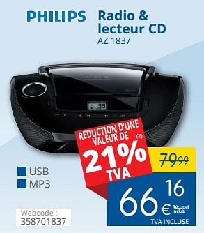 Promoties Philips radio + lecteur cd az 1837 - Philips - Geldig van 01/03/2018 tot 28/03/2018 bij Eldi