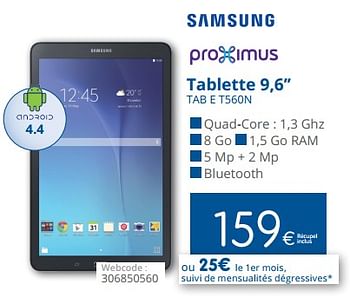 Promotions Samsung tablette 9,6`` tab e t560n - Samsung - Valide de 01/03/2018 à 28/03/2018 chez Eldi