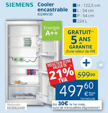 Promoties Siemens cooler encastrable ki24rv30 - Siemens - Geldig van 01/03/2018 tot 28/03/2018 bij Eldi