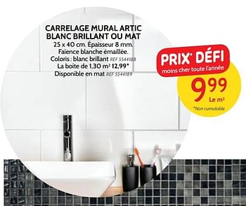 Promotions Carrelage mural artic blanc brillant ou mat - Produit maison - BricoPlanit - Valide de 06/03/2018 à 26/03/2018 chez BricoPlanit