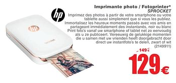 Promotions Hp imprimante photo - fotoprinter sprocket - HP - Valide de 06/03/2018 à 19/03/2018 chez Cora