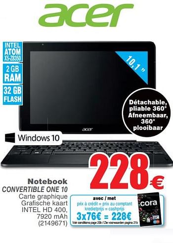 Promoties Acer notebook convertible one 10 - Acer - Geldig van 06/03/2018 tot 19/03/2018 bij Cora