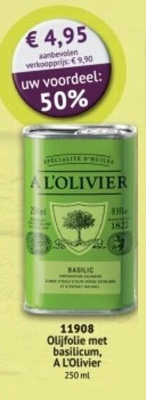 Promotions Olijfolie met basilicum, a l`olivier - A L'Olivier - Valide de 01/03/2018 à 31/08/2018 chez Bofrost