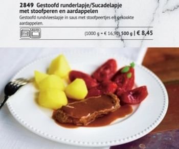 Promotions Gestoofd runderlapje-sucadelapje met stoofperen en aardappelen - Produit maison - Bofrost - Valide de 01/03/2018 à 31/08/2018 chez Bofrost