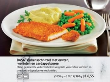 Promoties Varkensschnitzel met erwten,wortelen en aardappelpuree - Huismerk - Bofrost - Geldig van 01/03/2018 tot 31/08/2018 bij Bofrost