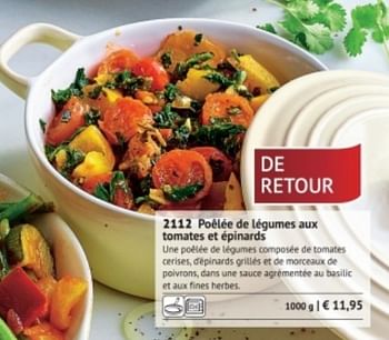 Promotions Poêlée de légumes aux tomates et épinards - Produit maison - Bofrost - Valide de 01/03/2018 à 31/08/2018 chez Bofrost