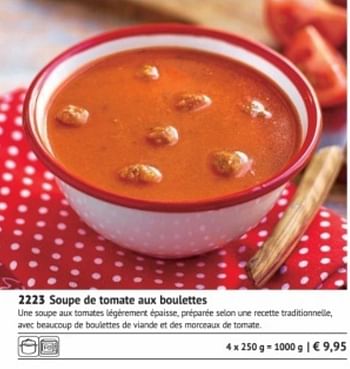 Promotions Soupe de tomate aux boulettes - Produit maison - Bofrost - Valide de 01/03/2018 à 31/08/2018 chez Bofrost