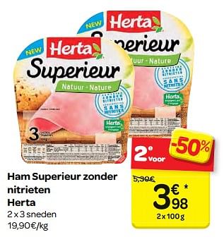 Promoties Ham superieur zonder nitrieten herta - Herta - Geldig van 07/03/2018 tot 19/03/2018 bij Carrefour