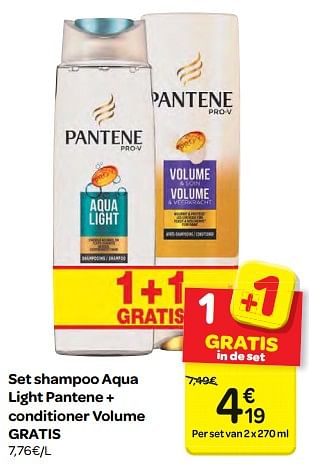 Promoties Set shampoo aqua light pantene + conditioner volume - Pantene - Geldig van 07/03/2018 tot 19/03/2018 bij Carrefour