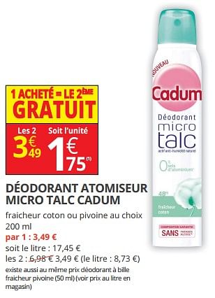 Promotions Déodorant atomiseur micro talc cadum - Cadum - Valide de 07/03/2018 à 18/03/2018 chez Auchan Ronq