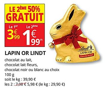 Promotions Lapin or lindt chocolat au lait, chocolat lait fleurs, chocolat noir ou blanc au choix - Lindt - Valide de 07/03/2018 à 18/03/2018 chez Auchan Ronq
