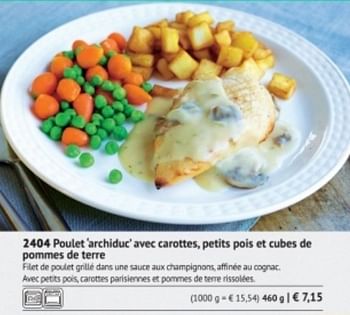 Promotions Poulet archiduc avec carottes, petits pois et cubes de pommes de terre - Produit maison - Bofrost - Valide de 01/03/2018 à 31/08/2018 chez Bofrost