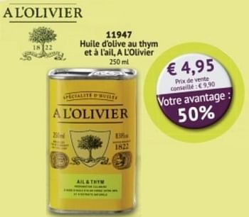 Promotions Huile d`olive au thym et à l`ail, a l`olivier - A L'Olivier - Valide de 01/03/2018 à 31/08/2018 chez Bofrost