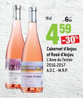 Promoties Cabernet d`anjou of rosé d`anjou l`ame du terroir 2016-2017 a.o.c. - m.r.p. - Rosé wijnen - Geldig van 14/03/2018 tot 10/04/2018 bij Smatch