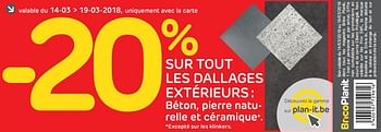 Promotions - 20% sur tout les dallages extérieurs - Produit maison - BricoPlanit - Valide de 14/03/2018 à 19/03/2018 chez BricoPlanit