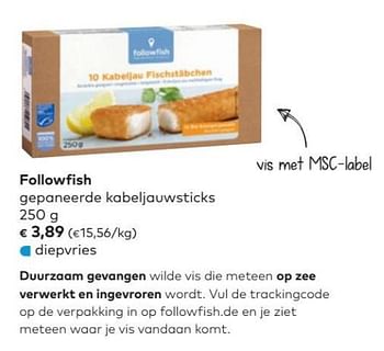 Promotions Followfish gepaneerde kabeljauwsticks - Followfish - Valide de 07/03/2018 à 03/04/2018 chez Bioplanet