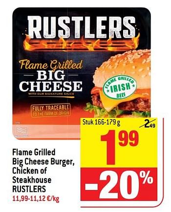 Promoties Flame grilled big cheese burger, chicken of steakhouse rustlers - Rustlers - Geldig van 14/03/2018 tot 20/03/2018 bij Match
