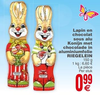 Promoties Lapin en chocolat sous alu konijn met chocolade in aluminiumfolie riegelein - Riegelein - Geldig van 13/03/2018 tot 19/03/2018 bij Cora