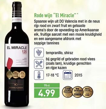 Promotions Rode wijn el miracle - Vins rouges - Valide de 12/03/2018 à 17/03/2018 chez Aldi