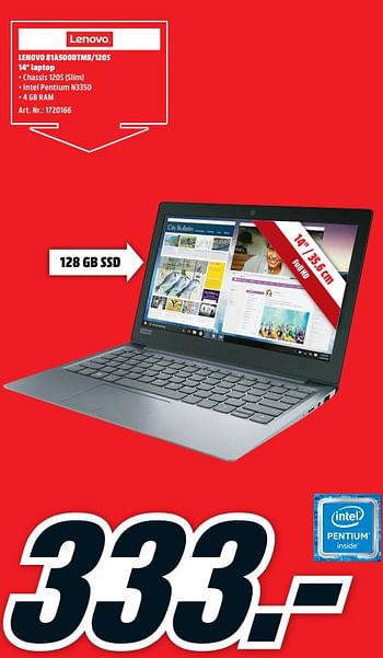 Promotions Lenovo 81a500dtmb-120s 14 laptop - Lenovo - Valide de 12/03/2018 à 18/03/2018 chez Media Markt