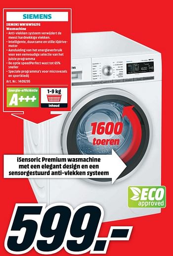 Promotions Siemens wm16w562fg wasmachine - Siemens - Valide de 12/03/2018 à 18/03/2018 chez Media Markt