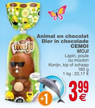 Promoties Animal en chocolat dier in chocolade cemoi moji lapin, poule ou mouton konijn, kip of schaap - Cémoi - Geldig van 13/03/2018 tot 19/03/2018 bij Cora