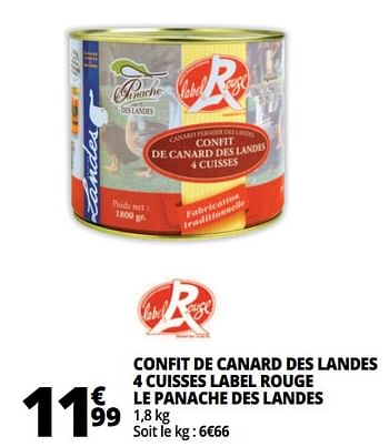 Promotions Confit de canard des landes 4 cuisses label rouge le panache des landes - Label Rouge - Valide de 14/03/2018 à 20/03/2018 chez Auchan Ronq