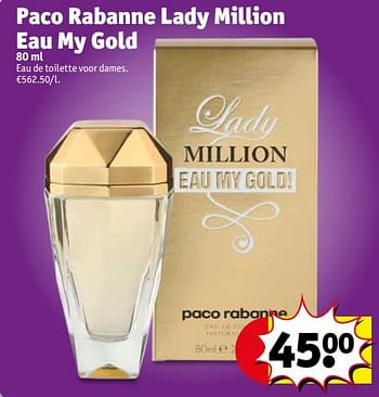 Promoties Paco rabanne lady million eau my gold 80 ml - Paco Rabanne - Geldig van 13/03/2018 tot 25/03/2018 bij Kruidvat