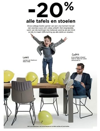 Promoties - 20% alle tafels en stoelen - Huismerk - Molecule - Geldig van 02/03/2018 tot 28/03/2018 bij Molecule