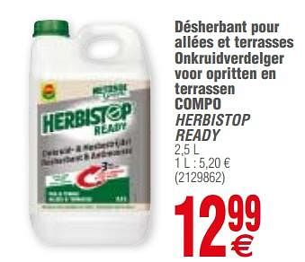 Promoties Désherbant pour allées et terrasses onkruidverdelger voor opritten en terrassen compo herbistop ready - Compo - Geldig van 13/03/2018 tot 26/03/2018 bij Cora