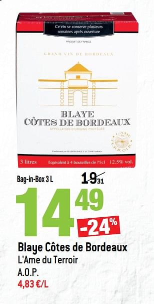 Promoties Blaye côtes de bordeaux l`ame du terroir - Rode wijnen - Geldig van 14/03/2018 tot 10/04/2018 bij Match