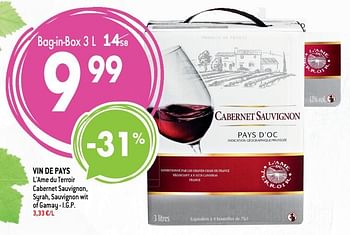 Promoties Vin de pays l`ame du terroir cabernet sauvignon, syrah - Rode wijnen - Geldig van 14/03/2018 tot 10/04/2018 bij Match