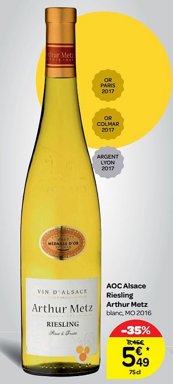 Promoties Aoc alsace riesling arthur metz blanc, mo 2016 - Witte wijnen - Geldig van 14/03/2018 tot 26/03/2018 bij Carrefour