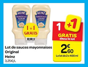 Promotions Lot de sauces mayonnaises original heinz - Heinz - Valide de 14/03/2018 à 26/03/2018 chez Carrefour