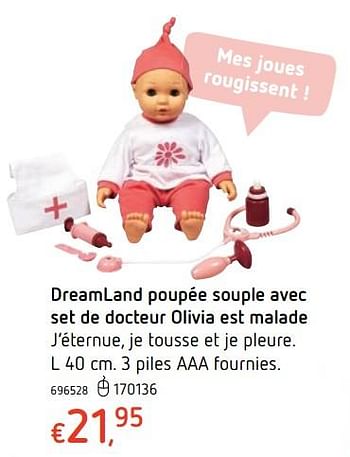 Promotions Dreamland poupée souple avec set de docteur olivia est malade - Produit maison - Dreamland - Valide de 15/03/2018 à 31/03/2018 chez Dreamland