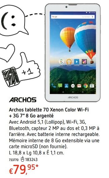 Promotions Archos tablette 70 xenon color wi-fi + 3g 8 go argenté - Archos - Valide de 15/03/2018 à 31/03/2018 chez Dreamland