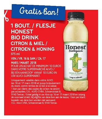 Promotions Honest bio drink citron + miel - Bio Honest - Valide de 14/03/2018 à 27/03/2018 chez Alvo
