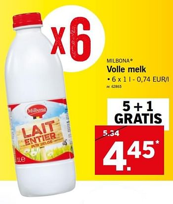 Promoties Volle melk - Milbona - Geldig van 19/03/2018 tot 24/03/2018 bij Lidl