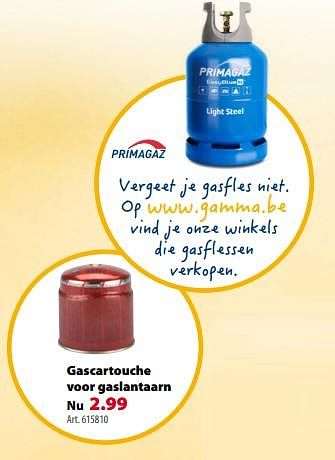 Promoties Gascartouche voor gaslantaarn - Huismerk - Gamma - Geldig van 21/03/2018 tot 30/06/2018 bij Gamma