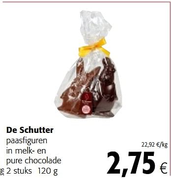 Promotions De schutter paasfiguren in melk- en pure chocolade - De Schutter - Valide de 14/03/2018 à 27/03/2018 chez Colruyt
