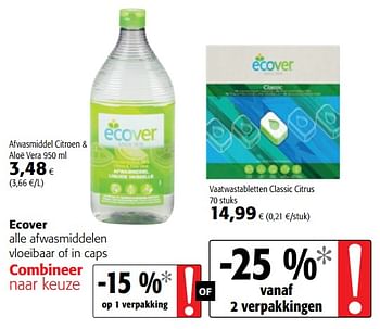 Promotions Ecover alle afwasmiddelen vloeibaar of in caps - Ecover - Valide de 14/03/2018 à 27/03/2018 chez Colruyt