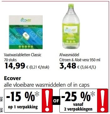 Promoties Ecover alle vloeibare wasmiddelen of in caps - Ecover - Geldig van 14/03/2018 tot 27/03/2018 bij Colruyt