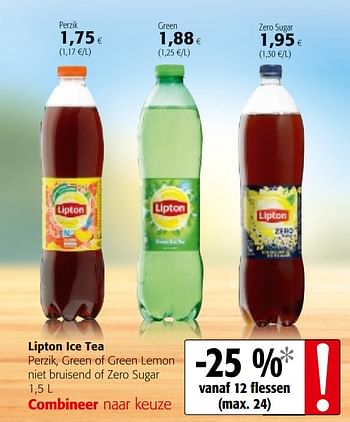 Promoties Lipton ice tea perzik, green of green lemon niet bruisend of zero sugar - Lipton - Geldig van 14/03/2018 tot 27/03/2018 bij Colruyt