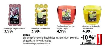 Promoties Spaas alle geparfumeerde theelichtjes in aluminium 30 stuks of geurkaars in vierkant glas - Spaas - Geldig van 14/03/2018 tot 27/03/2018 bij Colruyt