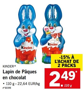 Promoties Lapin de pâques en chocolat - Kinder - Geldig van 19/03/2018 tot 24/03/2018 bij Lidl